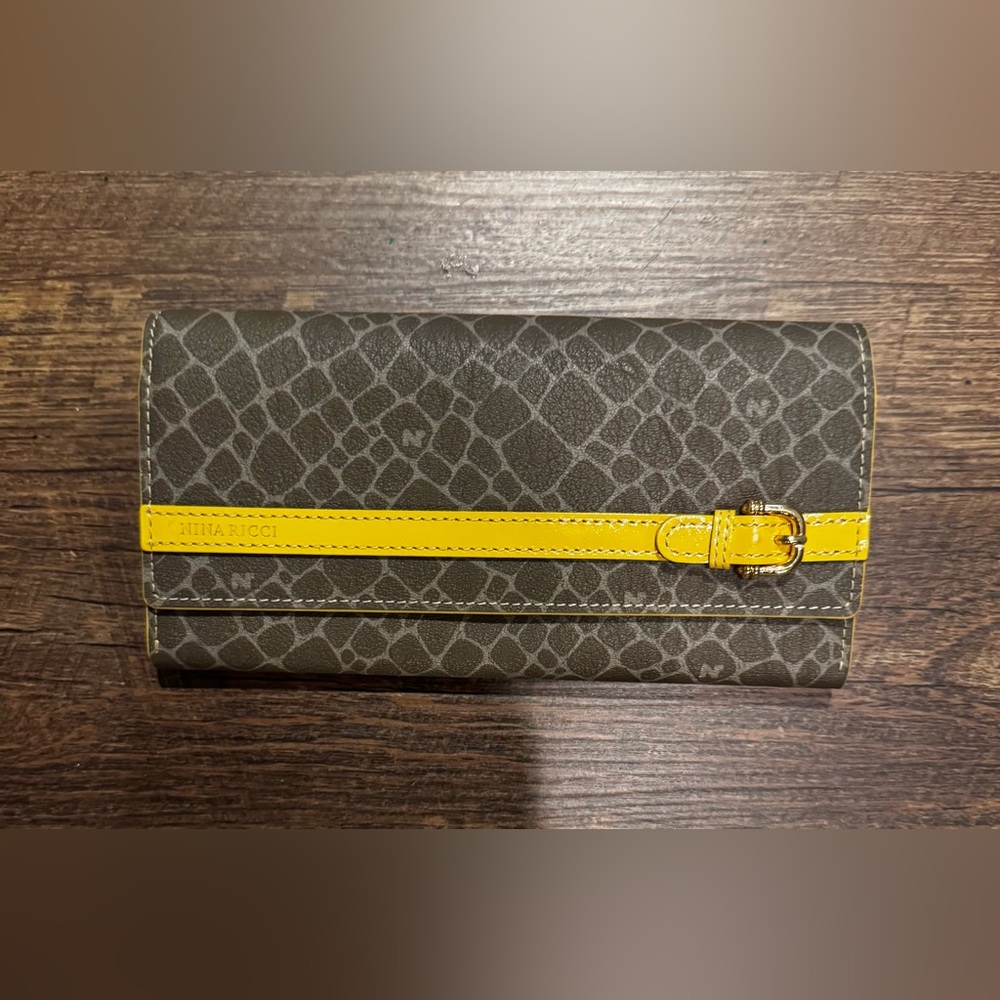 Nina Ricci Gray and Yellow Long Wallet with Buckle Detail